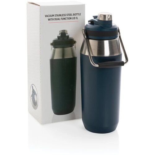 Vacuüm roestvrijstalen fles met duo-functie deksel 1L donkerblauw 1000 ml